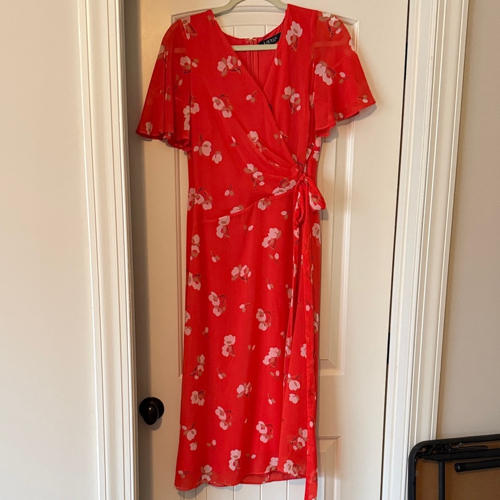Ralph Lauren Orange Floral Midi Wrap Dress